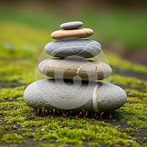 Smooth, rounded stones are stacked in a balanced tower on a moss-covered surface.