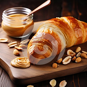Smooth And Shiny Croissant With Peanut Butter And Nuts On Wood