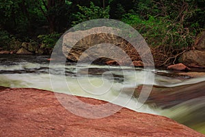 Smooth and silky flow of water in Thirumoorthy Falls also knows as Panchalingam Falls in tamil language, Udumalpet, Tamil Nadu,