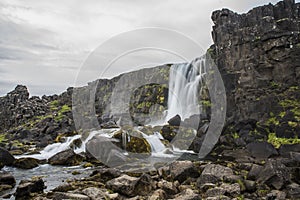 Smooth silky water on Pingvellir waterfall Oxarafoss in Iceland