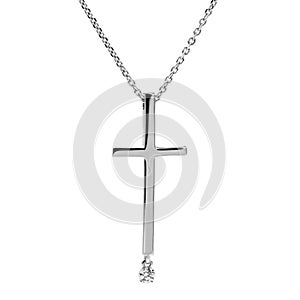 Smooth silver cross on a chain with a drop of diamond , cubic Zirconia