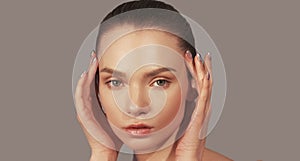Smooth skin facelift woman touching soft face
