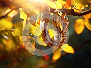 Smooth snake hanging from a tree branch   Made With Generative AI illustration