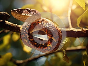 Smooth snake hanging from a tree branch   Made With Generative AI illustration