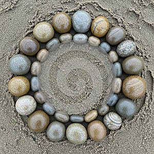 Smooth stones are arranged in a circular pattern on sandy ground. The stones vary in
