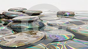 Smooth stones with a holographic sheen are stacked in clear, calm waters, exuding a zen-like peace