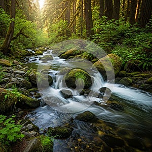 The smooth water cascades gently creating a serene and refreshing atmosphere