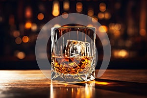Smooth whiskey glass on bar table with ice, Generative AI