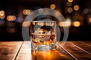 Smooth whiskey glass on bar table with ice, Generative AI