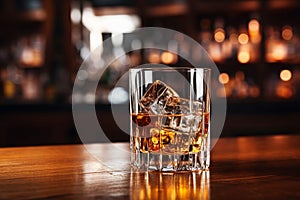 Smooth whiskey glass on bar table with ice, Generative AI