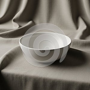 A smooth, white ceramic bowl sits on a draped fabric surface