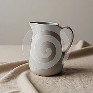 A smooth, white ceramic pitcher with