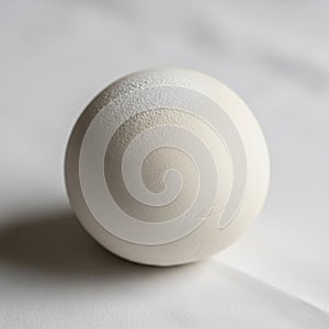 A smooth white ceramic sphere rests on a white surface casting a subtle