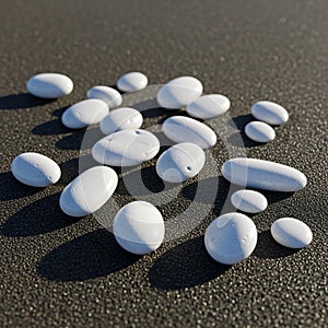 Smooth white stones are scattered on a textured dark surface. The stones vary in size