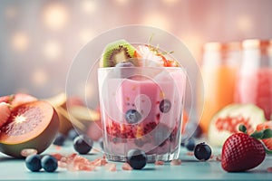a smoothie with berries, kiwis, and kiwis on a table