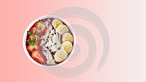 Smoothie bowl with acai, banana, blueberries, kiwi fruit and black currants. Healthy super food with fresh fruit. Vegetarian and