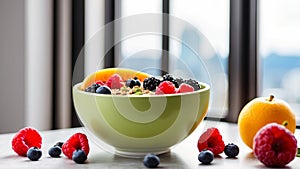 smoothie bowl with berries on the table in the kitchen