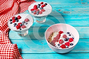 Smoothie bowl with chia seeds, muesli, jam and berries on blue wood background