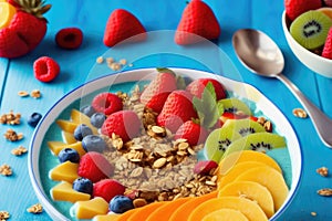 Smoothie bowl with fruits, muesli, strawberries, slices, generative ai, healthy food