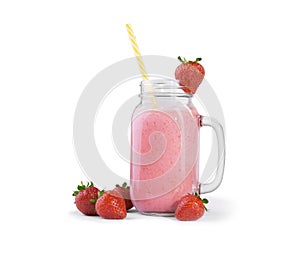 A smoothie cocktail in a mason jar. A pink strawberry drink. Fruit beverage and fresh berries isolated on a white