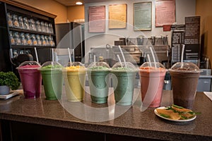 smoothie coffee shop, with menu of smoothies, shakes, and frappes photo