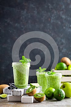 Smoothie with fresh green apple, kiwi and lime. Summer vitamin refreshing beverag