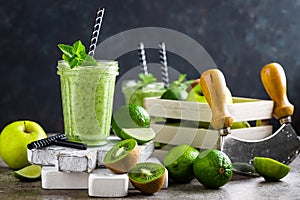 Smoothie with fresh green apple, kiwi and lime. Summer vitamin refreshing beverag