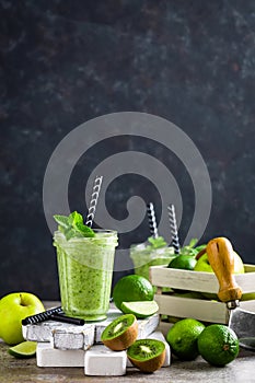 Smoothie with fresh green apple, kiwi and lime. Summer vitamin refreshing beverag