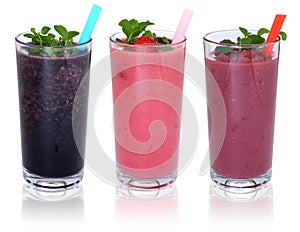 Smoothie fruit juice milkshake with fruits in a row isolated