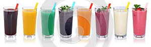 Smoothie fruit juice smoothies drinks with fruits in a row isola