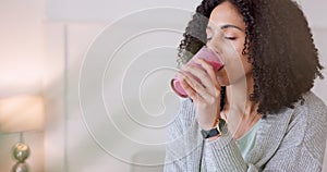 Smoothie, health and wellness with a young woman drinking a glass of fruit juice for wellness, vitality and weight loss
