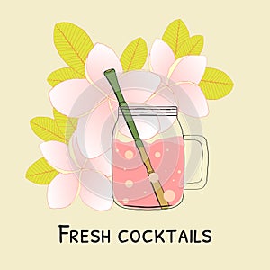 Smoothie, juice, fruit cocktail in mason cup with bamboo straw. Hand drawn jar with summer drinks.