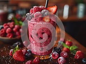 A smoothie made from fresh berries, in dark cafe