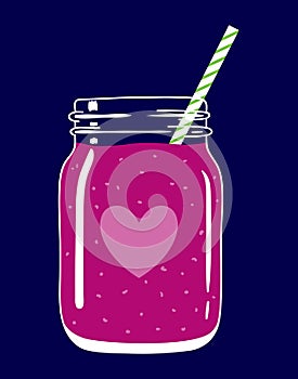 Smoothie in mason jar with straw and a heart. Romantic smoothie.Vector hand drawn illustration.