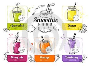 Smoothie menu. Summer cocktails lists for restaurant or coffee drinks menu fruits liquid food vector template