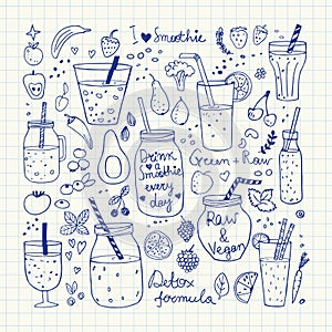 Smoothie and Raw food collection. Hand drawn vector icons