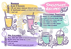 Smoothie recipes. Fruit cocktails with smoothie ingredients, vegetables and herbs, tasty organic detox drink healthy photo