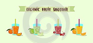 Smoothie set glass shake, cocktail, fresh, juice with Organic fruit Smoothie text. Vector fruits and berries