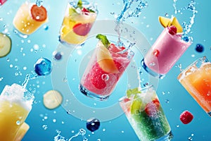 Smoothie splashes and ice cubes floating on blue background