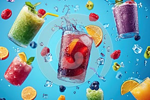 Smoothie splashes and ice cubes floating on blue background