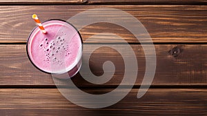 Aesthetic Pink Smoothie On Wooden Board - Top View