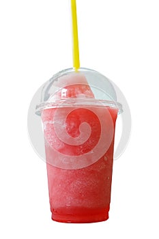 Smoothie strawberry yogurt, smoothie red berries yogurt, smoothie watermelon, in plastic cup isolated on white