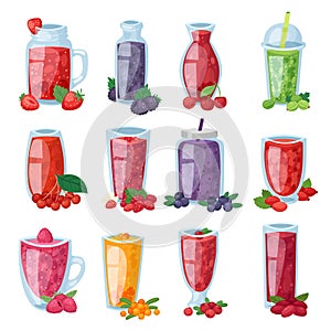 Smoothie vector healthy berry drink in glass or fresh beverage mix of strawberry blueberry and raspberry illustration