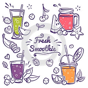 Smoothies. Detox diet drinks in different bottle, cup with fresh fruit and berries strawberry, cherry and banana