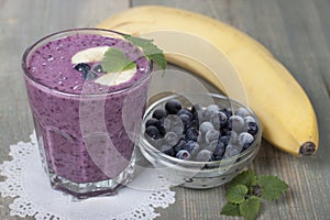 Smoothies of frozen blueberries and banana with yogurt.