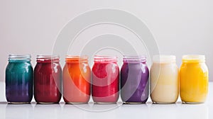 Smoothies, juices, beverages, drinks variety with fresh fruits and berries on a white background. Generative AI