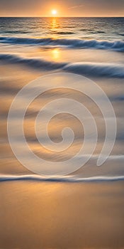 Smoothly blurred sky over a sun-kissed calm sea, golden sands of a tranquil beach in the foreground