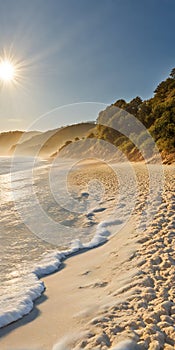 Smoothly blurred sky over a sun-kissed calm sea, golden sands of a tranquil beach in the foreground photo