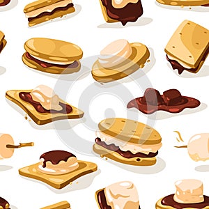 Smore pattern. Seamless print of nostalgic american campfire smores dessert, cracker chocolate graham marshmallow