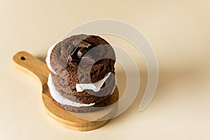 Smores Dessert with Cookie Marshmallow and Chocolate Yellow Background Copy Space